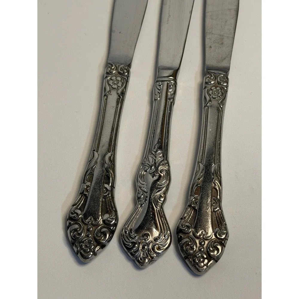 VTG Reed & Barton Dinner Knives Silver Heritage Mint Floral Scroll Set of 3‎ 9